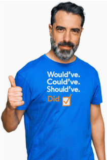 Man with blue shirt and thums up.